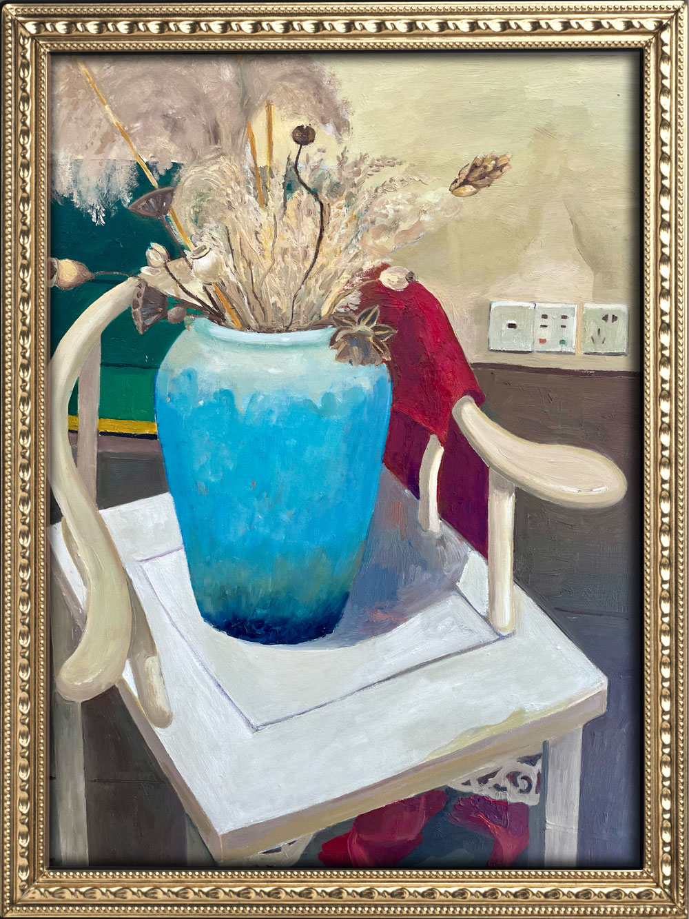 Blue Vase on White Chair